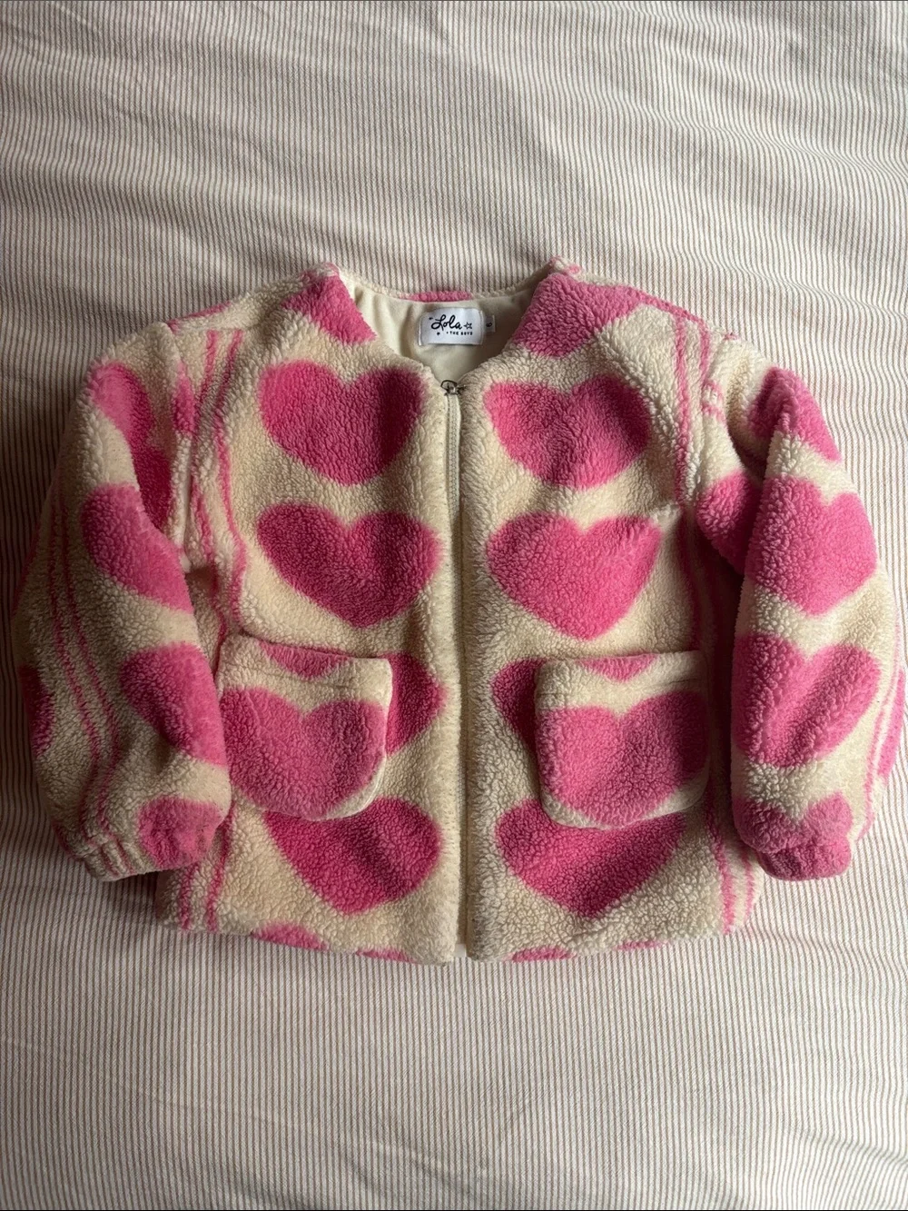 Lola + The Boys Cream Sherpa Jacket with Pink Hearts sz6